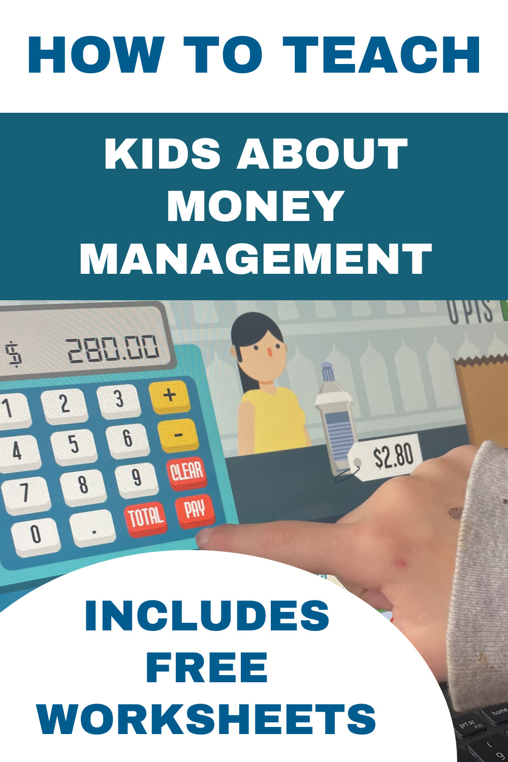 Kid playing a money management game.  Article about teaching money for kids