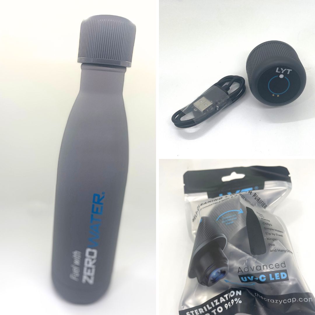 Grey Zerowater steel bottle with UV-C lid. A great father's day gift